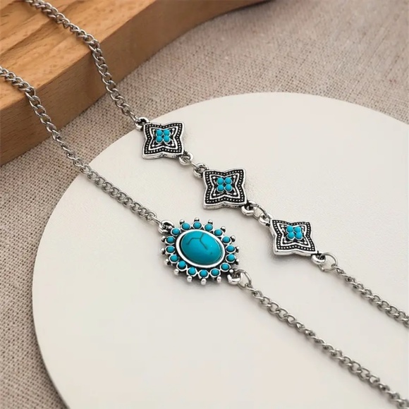 New Bohemian Silver Vintage Retro Design Flower Turquoise Bangle Bracelet - Picture 2 of 5